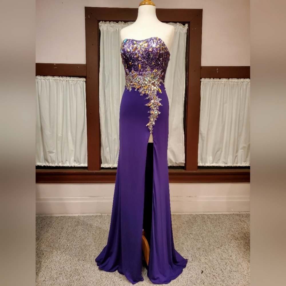 Purple Asymmetrical Beading Gown with Slit